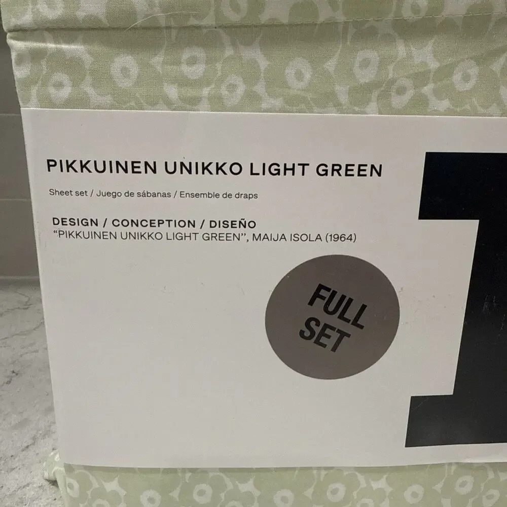 Marimekko PIKKUINEN UNIKKO GREEN 100% Cotton 4 pc Full Sheet Set New